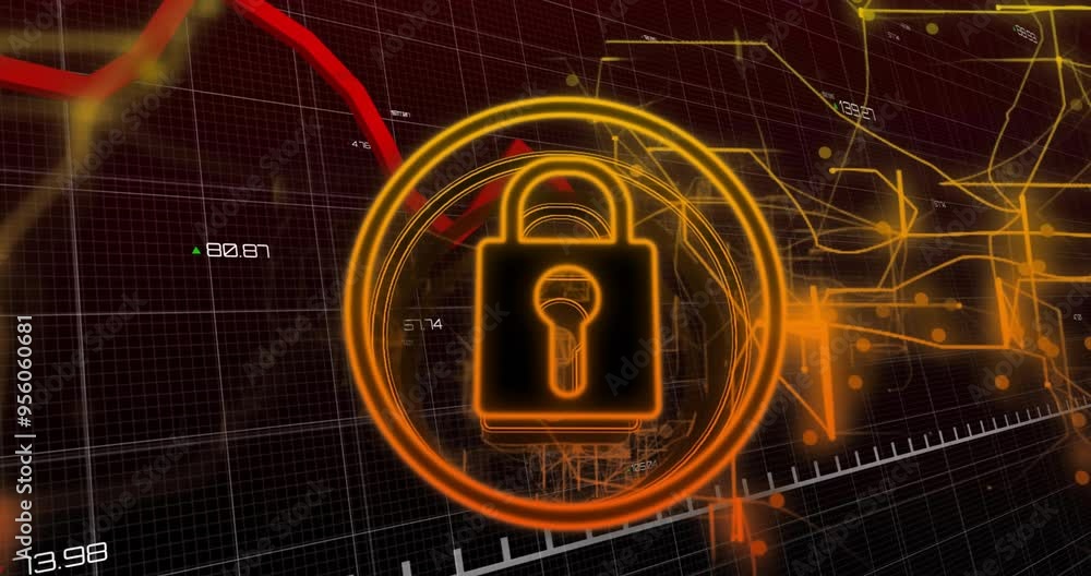 Poster lock and key security animation over financial data and graphs