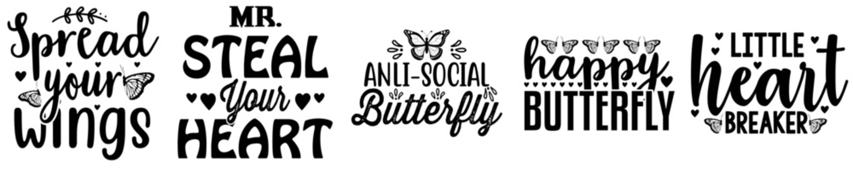 Modern Butterfly Design Bundle Typographic Emblems, Inscriptions Pack Vector Illustration for Mug Design, Infographic, Vouchers