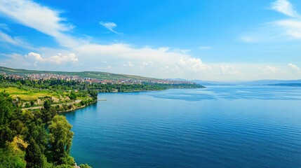 A scenic view of the Dardanelles Strait, with historical landmarks and calm waters. -