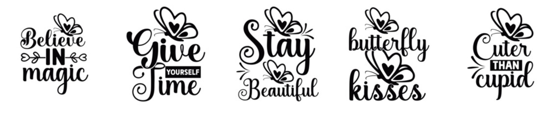 Cute Butterfly Bundle Labels And Badges, Inscriptions Set Vector Illustration for Mug Design, Packaging, Printable