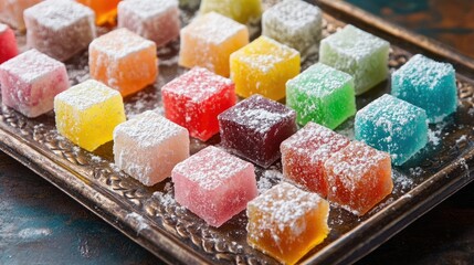 A selection of colorful Turkish delight (lokum) on a tray, dusted with powdered sugar.