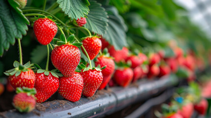Strawberries Branches closeup detail illustration. Modern Strawberry Farm Concept. 