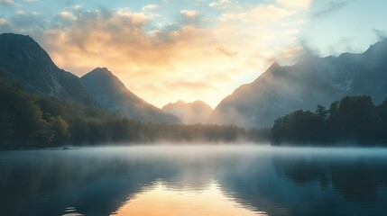 A serene lake surrounded by mountains bathed in the warm light of the rising sun, with a soft mist hovering over the water