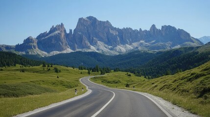A serene empty country road winding through Venegia Valley, surrounded by the jagged peaks of the Dolomites under a clear sky.