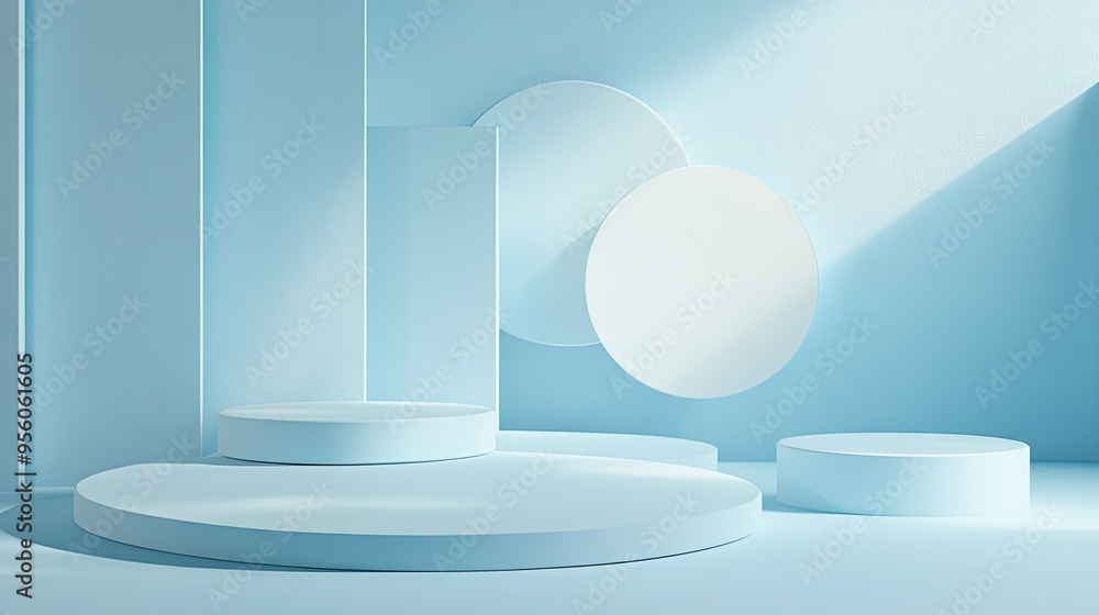 Poster a serene, light blue background with multiple podiums at different levels, designed for a simple yet