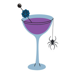 Vector illustration of spooky Halloween cocktail with blackberry garnish. Mysterious drink for horror celebration. Beverage for halloween menu. A creepy spider hangs from the glass, fun eerie design