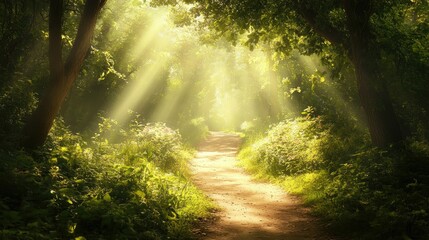Obraz premium A serene path in a quiet forest, with the sunlight streaming through the canopy of leaves