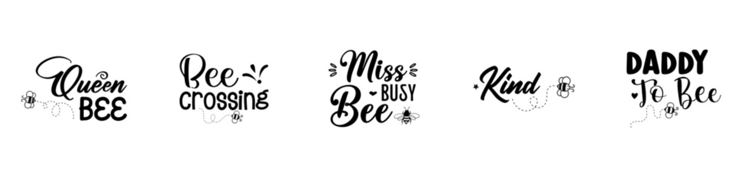 Vibrant Bee Bundle Phrases, Typographic Emblems Pack Vector Illustration for Stationery, Book Cover, Infographic