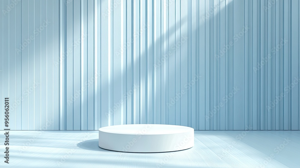 Poster a simple light blue background with subtle vertical stripes and a white circular podium in the cente