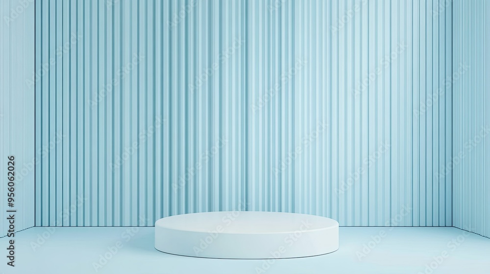 Poster a simple light blue background with subtle vertical stripes and a white circular podium in the cente