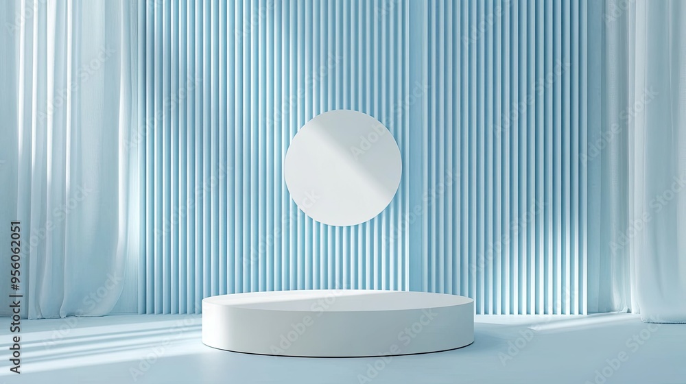 Poster a simple light blue background with subtle vertical stripes and a white circular podium in the cente
