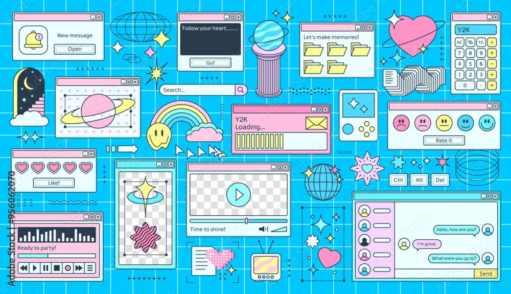 Poster Retro Y2K computer windows page interface of PC desktop, vector cartoon background. Retro computer windows with Y2K design of file folder, internet browser, player with loading bar and smile stickers