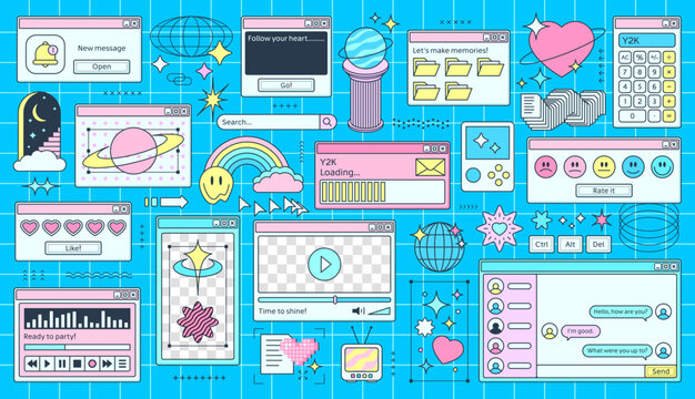 Retro Y2K computer windows page interface of PC desktop, vector cartoon background. Retro computer windows with Y2K design of file folder, internet browser, player with loading bar and smile stickers