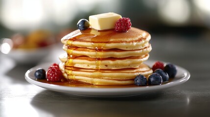 Stack of Buttery Pancakes Topped with Syrup and Berries