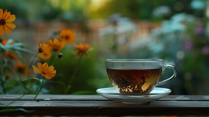 Fototapeta premium Glass teacup and black tea in a ceramic cup with a summertime outdoor backdrop