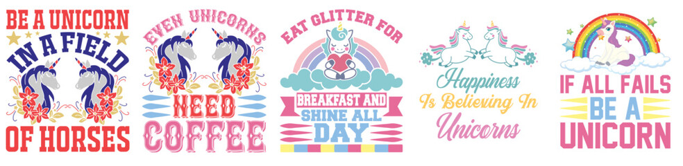 Decorative Unicorn Tshirt Design Bundle Typographic Emblems, Calligraphy Pack Vector Illustration for Icon, Sticker, Advertising