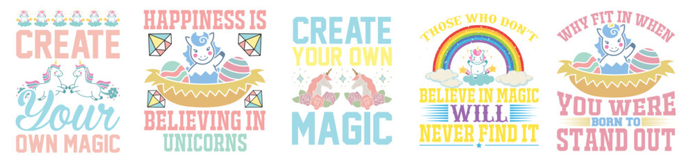 Vibrant Unicorn Tshirt Design Bundle Labels And Badges, Quotes Pack Vector Illustration for Poster, Packaging, Motion Graphics