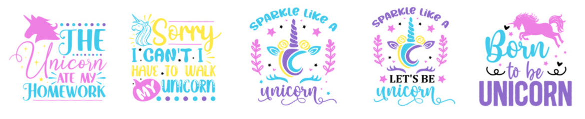 Colourful Unicorn Bundle Typographic Emblems, Phrases Pack Vector Illustration for Logo, Stationery, Greeting Card