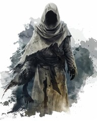 Fototapeta premium A ghost in a detailed Halloween costume, midnight setting, watercolor style, isolated on white background