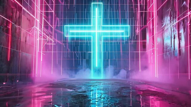 A surreal, futuristic a vibrant neon cross glowing in blue and pink against a dark backdrop. Misty ambiance, geometric patterns, and reflective surfaces enhance its spiritual and modern appeal.