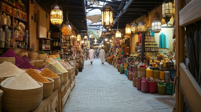A traditional Emirati market (souk), with vibrant stalls selling spices, textiles, and local crafts.