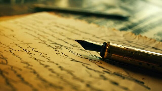 A beautifully crafted fountain pen rests on aged parchment filled with elegant cursive. warm lighting enhances its vintage charm, perfect for themes of writing and creativity.