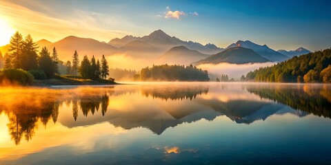 Tranquil morning scene with misty mountain lake reflecting the sunrise