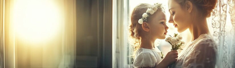 Naklejka premium Happy Mother's Day for banner, Header. A little girl gives flowers to her mother