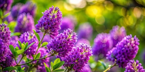 Obraz premium Close-up of vibrant purple blooms on plant with trees in background