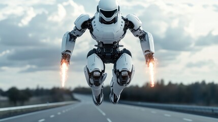 White Robot Flying Over a Road