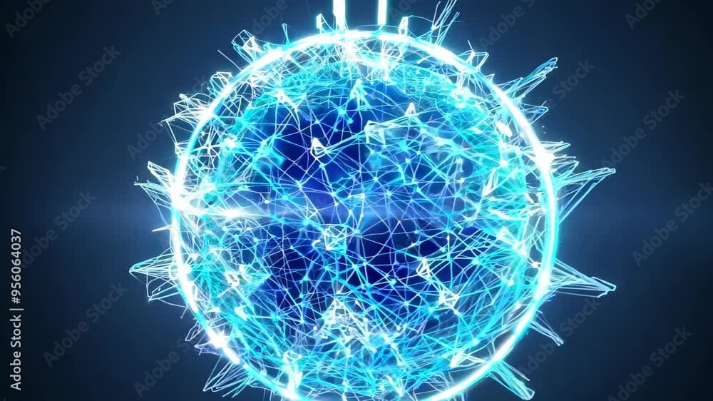 Poster glowing digital virus particle with spikes floating against a dark background, representing futurist