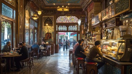 A traditional Turkish coffee shop, with ornate decorations and customers enjoying their drinks.