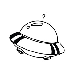 A black and white line drawing of a UFO in the classic flying saucer design.