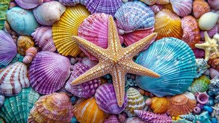 A collection of colorful sea shells and starfish arranged on a blue surface