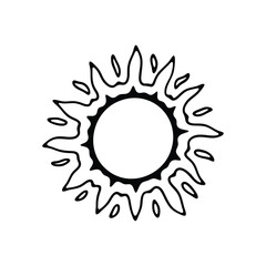 An artistic line drawing of a sunburst symbol in a black and white color scheme.