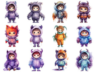 Adorable Watercolor Illustration of Children Dressed as Cute Monsters