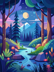 Nighttime Forest Landscape with a River and Mountains