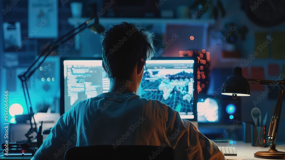 Poster a man sits at his desk in a dark room, looking at a computer screen with a map and charts.