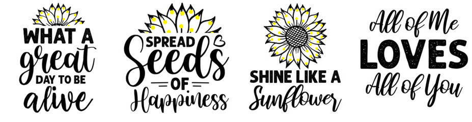 Decorative Sunflower Bundle Trendy Retro Style Illustration, Calligraphic Lettering Collection Vector Illustration for T-Shirt Design, Postcard, Advertisement