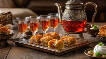 A traditional Turkish tea set with tulip-shaped glasses and a tray of assorted baklava.