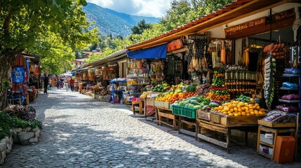A traditional Turkish village market, with vendors selling fresh produce, handmade goods, and spices.