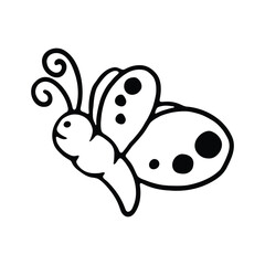 A black and white line drawing of a whimsical butterfly with decorative swirled antennae and dotted wings.