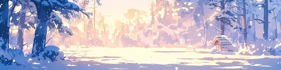 Fototapeta premium Serene Winter Charm: High-Definition Anime-Style Illustration Capturing Nature's Tranquility in Snow. Bright, Gentle Colors for Versatile Home Decor, NFT Art, Apparel Design, and Seasonal Marketing. A