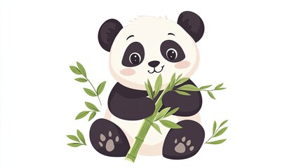 Fototapeta premium Adorable Cartoon Panda Holding Bamboo Shoots