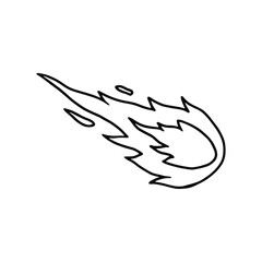 A simple black and white line drawing of a flaming comet streaking through space.