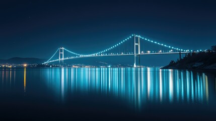 Naklejka premium A tranquil scene of the Bosphorus Bridge illuminated at night, connecting Europe and Asia.