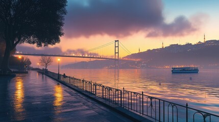 Obraz premium A tranquil view of the Bosphorus Bridge at dawn, with soft light illuminating the scene.