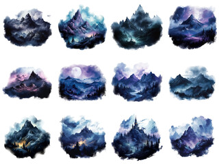 Fototapeta premium Twelve Watercolor Illustrations of Mystical Mountain Landscapes