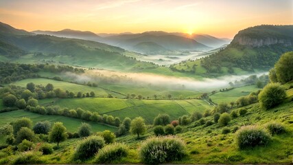 Obraz premium Morning Mist in the Valley: A breathtaking aerial view of a lush green valley bathed in the golden light of the rising sun. 2