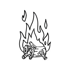 A black and white line drawing of a campfire with logs and rising flames.